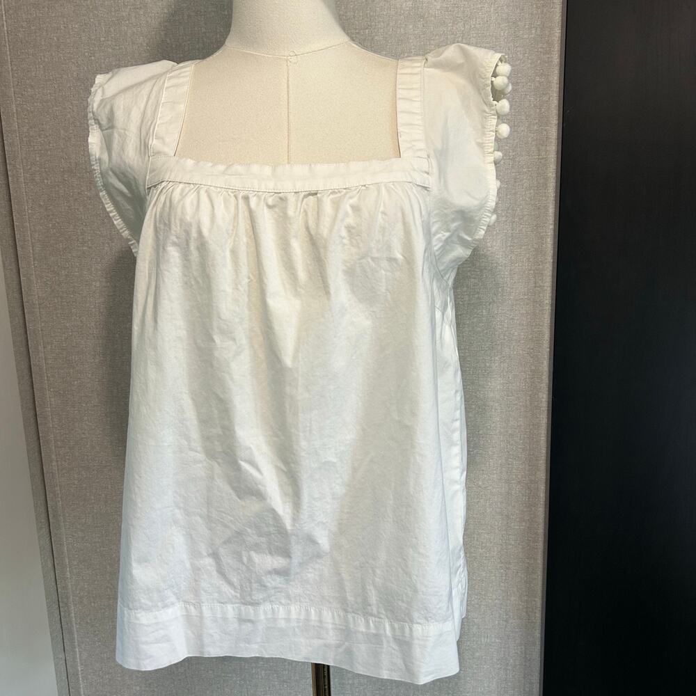 J.Crew White Crop Top Y2k Boho Summer Cottage Cap Sleeves Pom Poms White Size 6